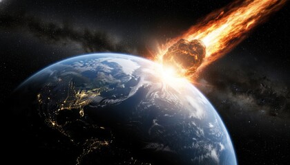 Obraz premium Large asteroid impacting earth in space doomsday scenario