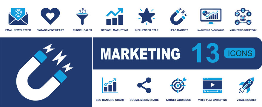 Marketing icon set. Containing email newsletter, sales funnel, growth chart, influencer star, lead magnet, dashboard, social share, target audience, viral rocket and more. Solid fill vector icons.