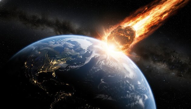 Large asteroid impacting earth in space doomsday scenario
