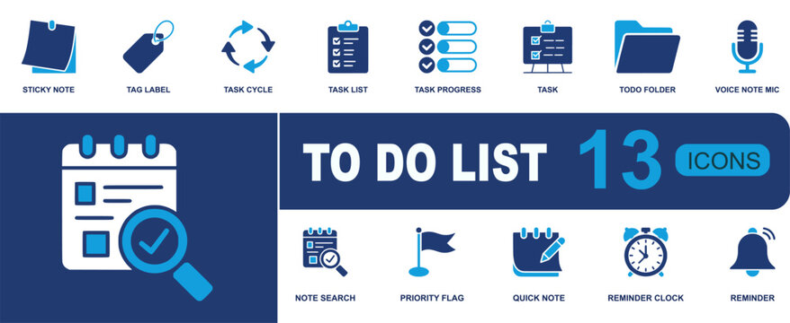 To do list icon set. Containing sticky note, tag label, task cycle, task list, task progress, to do folder, reminder clock, quick note, priority flag and more. Solid fill vector icons.