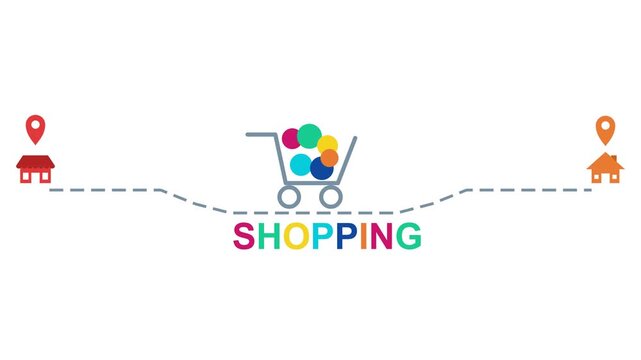 2D motion graphic depicting online shopping delivery route from store to home with colorful symbolic cart items on a white background
