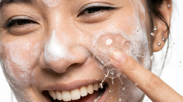 Woman laughing while scrubbing face with foam cleanser and fingertip in closeup