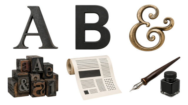 Assortment of typographic elements including metal letters A and B, decorative ampersand, wooden letterpress blocks, printed layout sheet, dip pen nib and ink bottle
