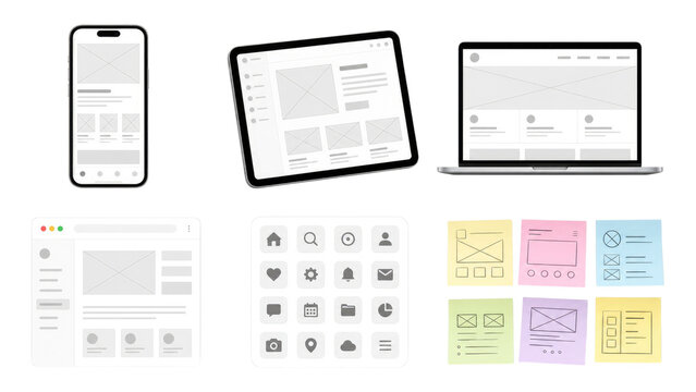 Collection of low-fidelity UI wireframes and mockups for mobile, tablet and laptop screens, plus icon grid and colorful sticky-note sketches showing website and app layout placeholders