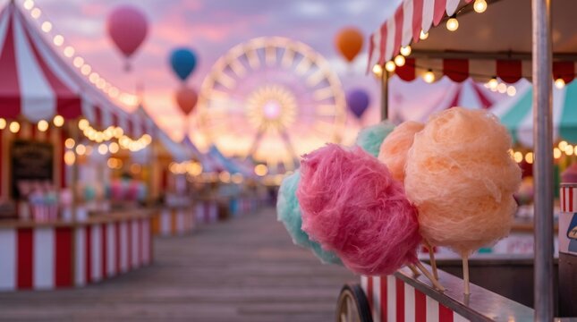 Close up of colorful cotton candy sticks with carnival midway and giant ferris wheel at dusk sunset, family funfair background with festive string lights and food stalls