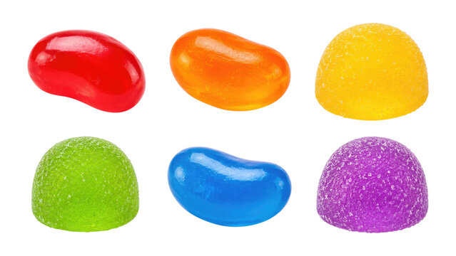 Close-up of six colorful jelly candies including jelly beans and sugar-coated gumdrops on a transparent background