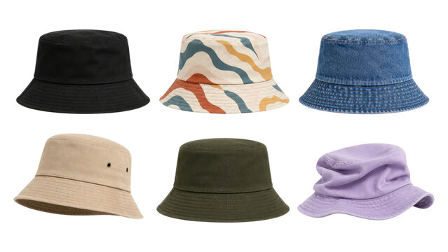 Six assorted bucket hats in different colors and patterns arranged on a transparent background