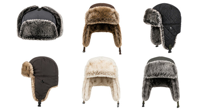 Six fur-lined trapper hats (ushankas) in various colors arranged on a transparent background