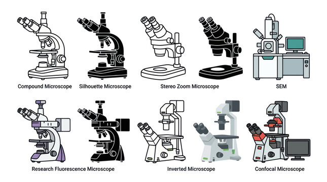 Microscope Variety Collection: Compound, SEM, Confocal, Inverted, Fluorescence