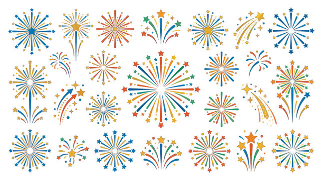Colorful Fireworks Explosions Collection, Festive Celebration Sparklers and Stars