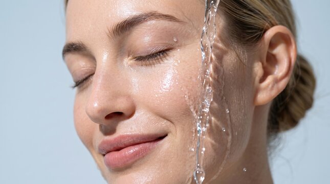 Close up portrait of beautiful young woman washing her face with clean splashing water skin care routine hygiene moisturization and facial treatment concept for natural beauty cosmetics industry