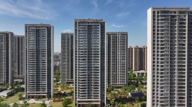 Modern high rise residential buildings surrounded by greenery under a clear blue sky