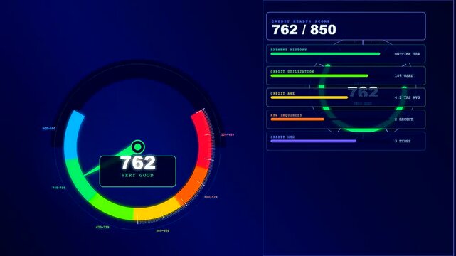 Digital displays showcasing youth financial education with glowing circular progress bars depicting evolving credit scores rising from poor status to very good standing in sequence