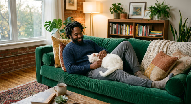 Black, African-American Man Relaxing with White cat on Cozy Velvet Sofa in Warm Living Room setting