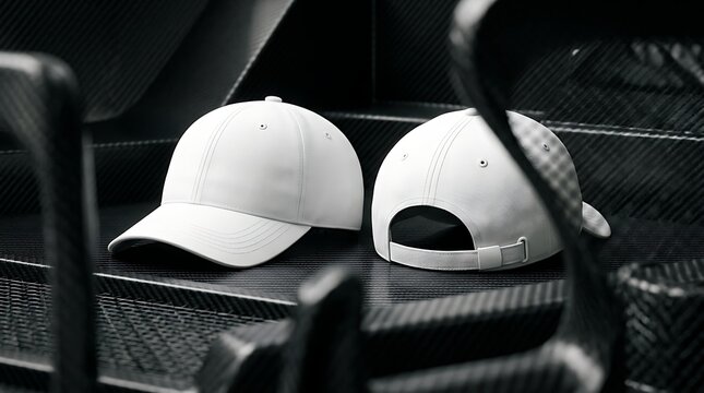Two plain white dad hats mockup front and rear view on textured carbon fiber surface for apparel branding presentation
