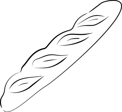 French baguette bread line art vector illustration. Traditional long bread loaf hand drawn outline icon isolated on transparent background for bakery brand identity.