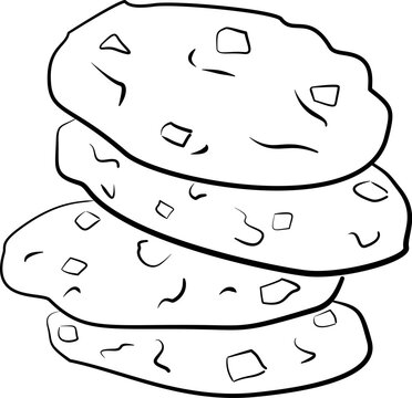 Chocolate chip cookies stack line art vector illustration. Sweet baked biscuits hand drawn outline icon isolated on transparent background for bakery menu.