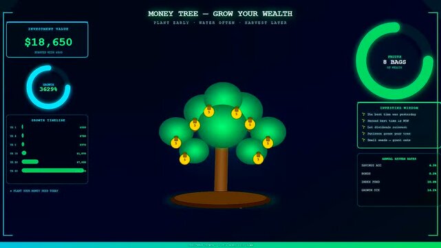 An engaging youth financial education animation displays a virtual tree growing from small monetary seeds into a large blooming investment asset with glowing interface elements around