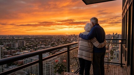 Fototapeta premium Elderly couple embracing on balcony watching vibrant sunset over cityscape