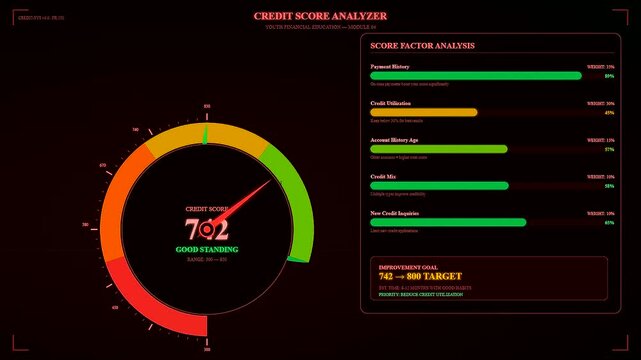 a youth financial education dashboard displays progress as a digital circular gauge needle moves upward showing increasing scores in a dark red color interface environment