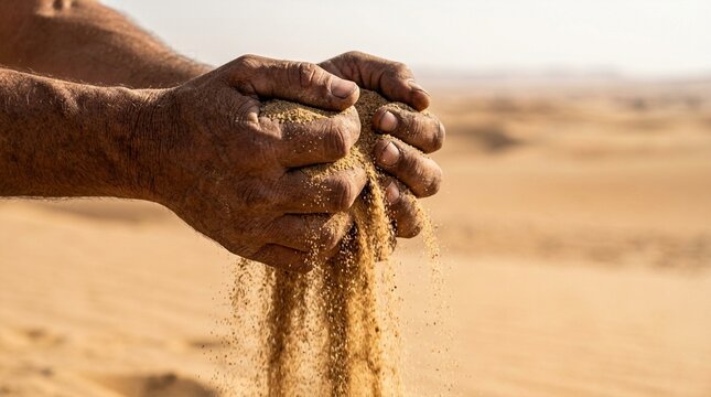 Close-up of weathered hands holding and letting sand trickle down in a desert landscape