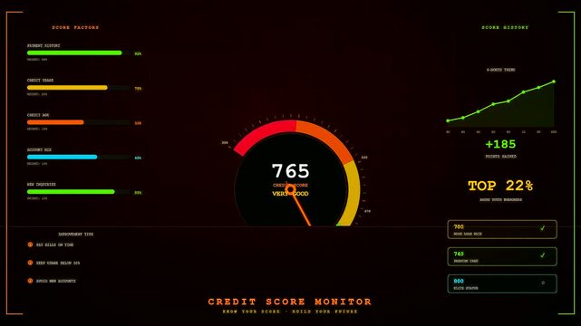 Youth financial education displayed as a triple panel digital interface showing increasing credit scores with glowing orange red and green graphical circular progress bars in motion