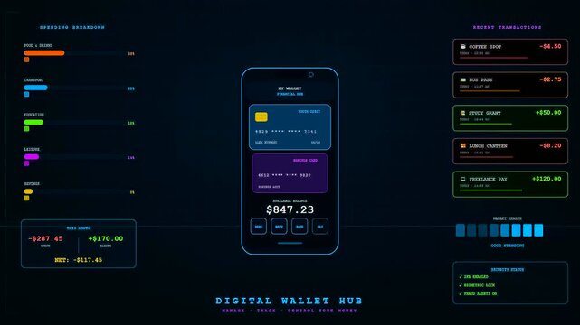 Digital displays showcasing youth financial education features as various graphs and mobile interface elements animate in a sequence showing transaction tracking and banking account balance updates