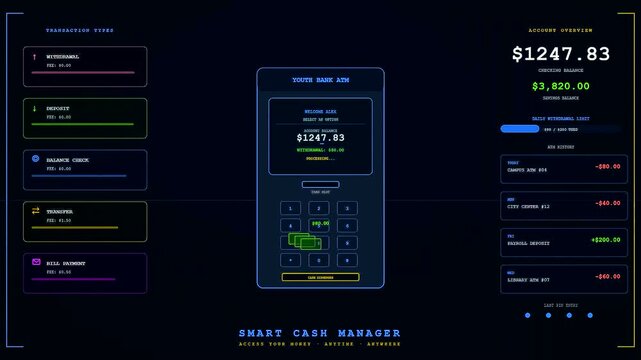 Youth financial education interface displays modern bank machine automated teller processing sequence showing digital balance updates and neon glowing visual icons for banking services in motion