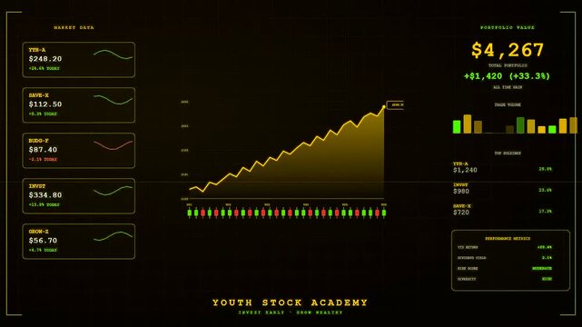 A screen displaying youth financial education data shows animated stock market growth charts with glowing yellow lines and bars in a dark digital interface style