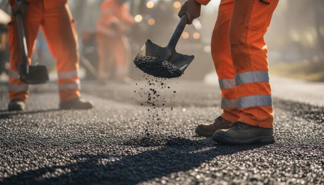 Road construction workers spreading asphalt for pavement repair