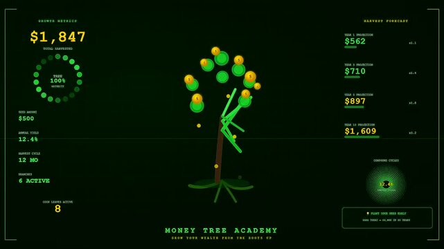 Digital displays showcasing youth financial education concepts through animated growth cycles of virtual trees representing monetary savings progression and incremental profit gains on dark screens