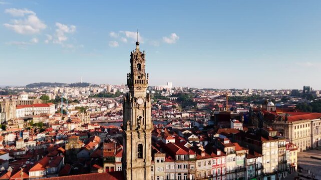 Aerial Rise Over Torre dos Clerigos at sunset. Porto, Portugal