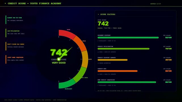Youth financial education progress shown through digital dashboard interface displays tracking personal credit scores increasing across three phases from poor to very good status metrics