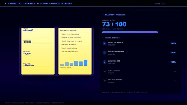 A digital screen interface for youth financial education provides progress tracking data through interactive modules and graphs showing growth metrics for student users in classroom settings