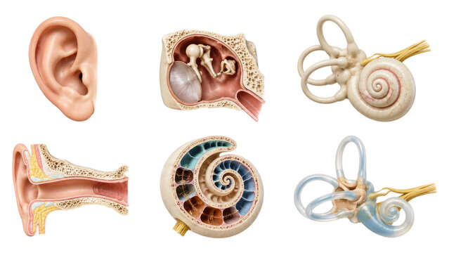 Detailed colored medical illustrations showing multiple views of human ear anatomy including outer ear, middle ear with ossicles, inner ear cochlea and semicircular canals