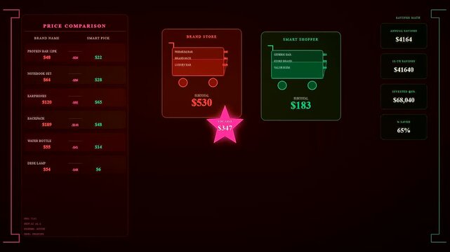 Digital displays showcasing youth financial education in a neon interface showing comparative shopping metrics as expenses decrease through informed consumer choices in this dynamic data presentation
