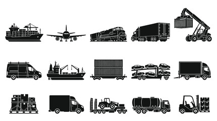 Obraz premium Transportation and Logistics Vehicles Cargo Equipment Black Glyph Icons Set