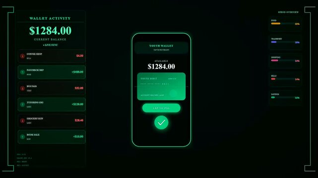 Youth financial education displayed as glowing green mobile interface panels showing ascending digital currency balances and transaction history for modern banking applications on a dark background