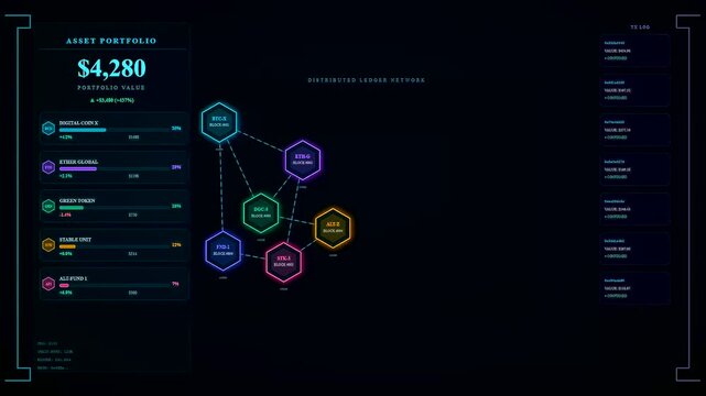 Digital youth financial education interfaces emerge across multiple scrolling screens showing shifting asset portfolios and node networks in a dark room environment filled with glowing neon data