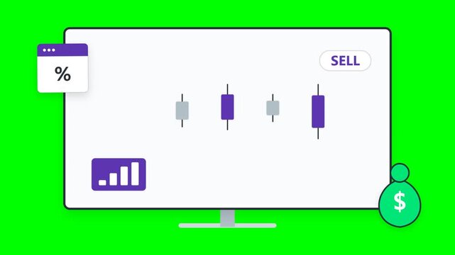 Stock market trading chart with candlestick analysis and sell button on a digital monitor screen