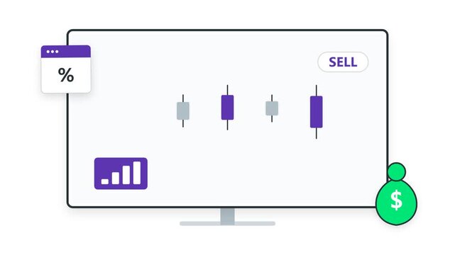 Stock market trading interface showing candlestick charts with sell button and financial growth data