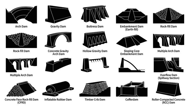 Black and White Glyph Icons of Different Dam Types for Construction Industry