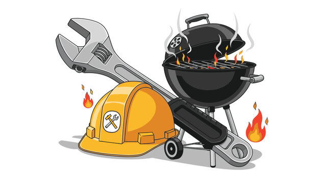 Wrench and hard hat beside grill 1.