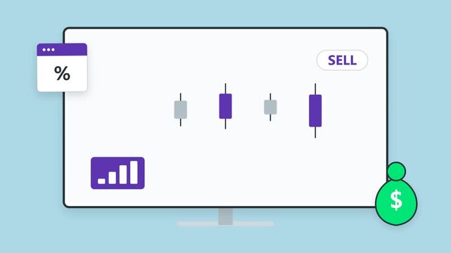 Stock market trading chart showing candlestick patterns and sell signal for financial investment