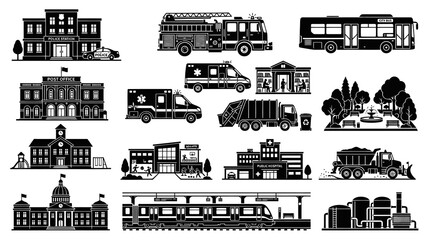 Obraz premium Public Services City Infrastructure Flat Black and White Glyph Icons Set. Urban Buildings and Transportation.