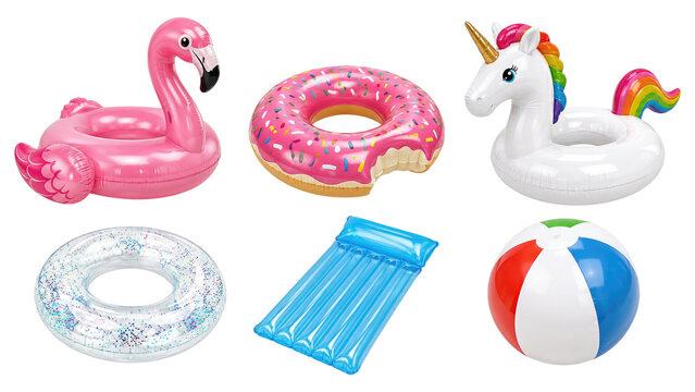 Six colorful inflatable pool floats including a pink flamingo, sprinkled donut, rainbow unicorn, clear glitter ring, blue air mattress and striped beach ball