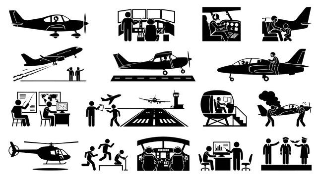 Aviation Industry and Flight Training Glyph Icons Set. Black and White Pictogram Collection
