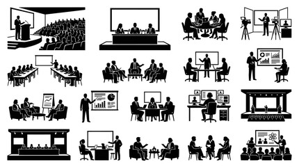 Fototapeta premium Corporate Business Meetings and Presentations Black and White Glyph Vector Icons Set