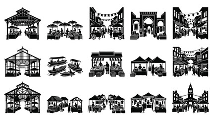 Fototapeta premium Black and White Silhouette Vector Icons of Diverse Marketplaces and Stalls