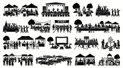 Fototapeta premium Black and White Glyph Icons of Community Events, Outdoor Festivals, Social Gatherings and Public Activities